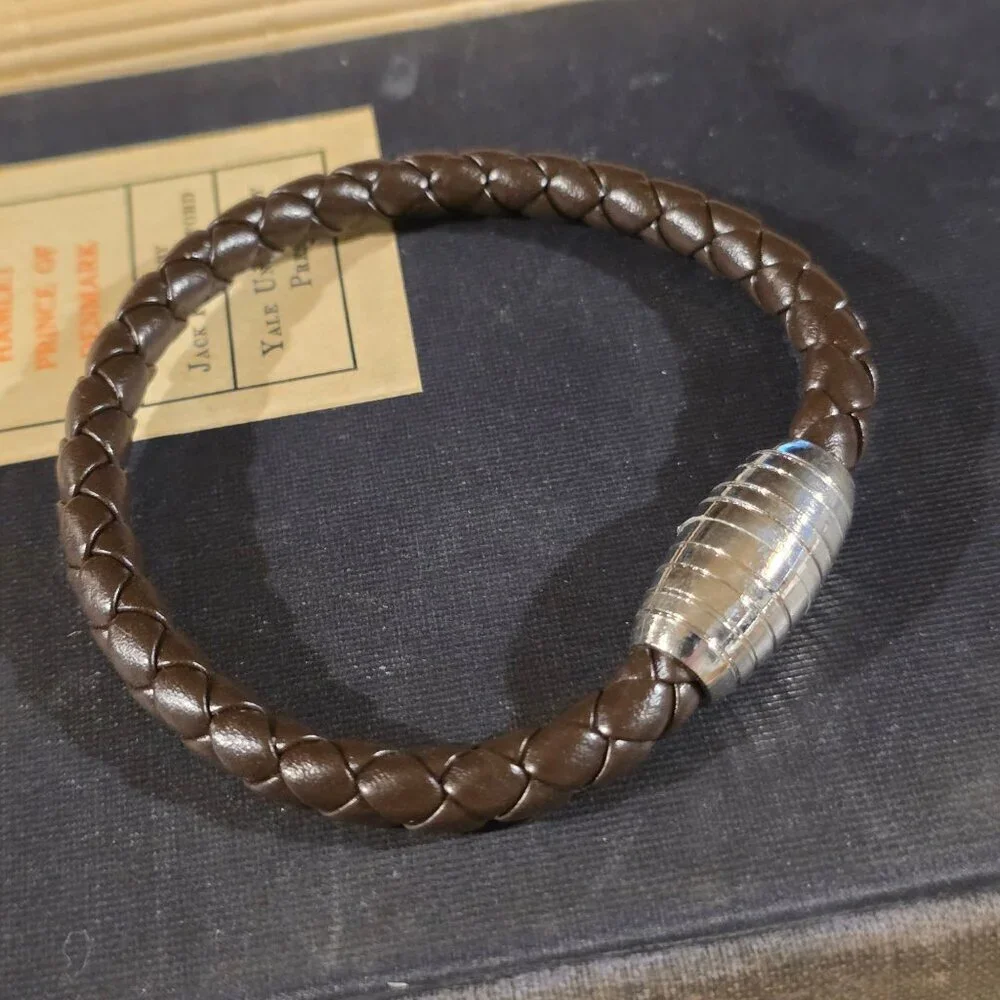 Braided Thick Dark Brown Vegan Leather Magnetic Clasp Bangle Bracelet